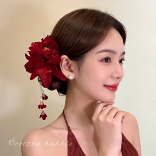 新中式红色花朵流苏发夹头饰女古风旗袍侧边夹子仿真头花拍照发饰