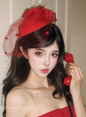 明艳千金红色网纱礼帽头饰复古新娘头纱生日帽子新年礼服配饰发饰