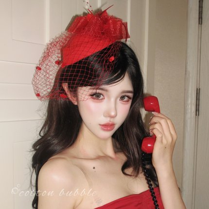明艳千金红色网纱礼帽头饰复古新娘头纱生日帽子新年礼服配饰发饰