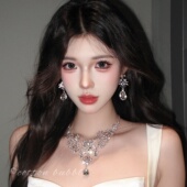 轻奢重工银色花朵项链耳环套装 2026新款 女新娘礼服配饰夸张锁骨链