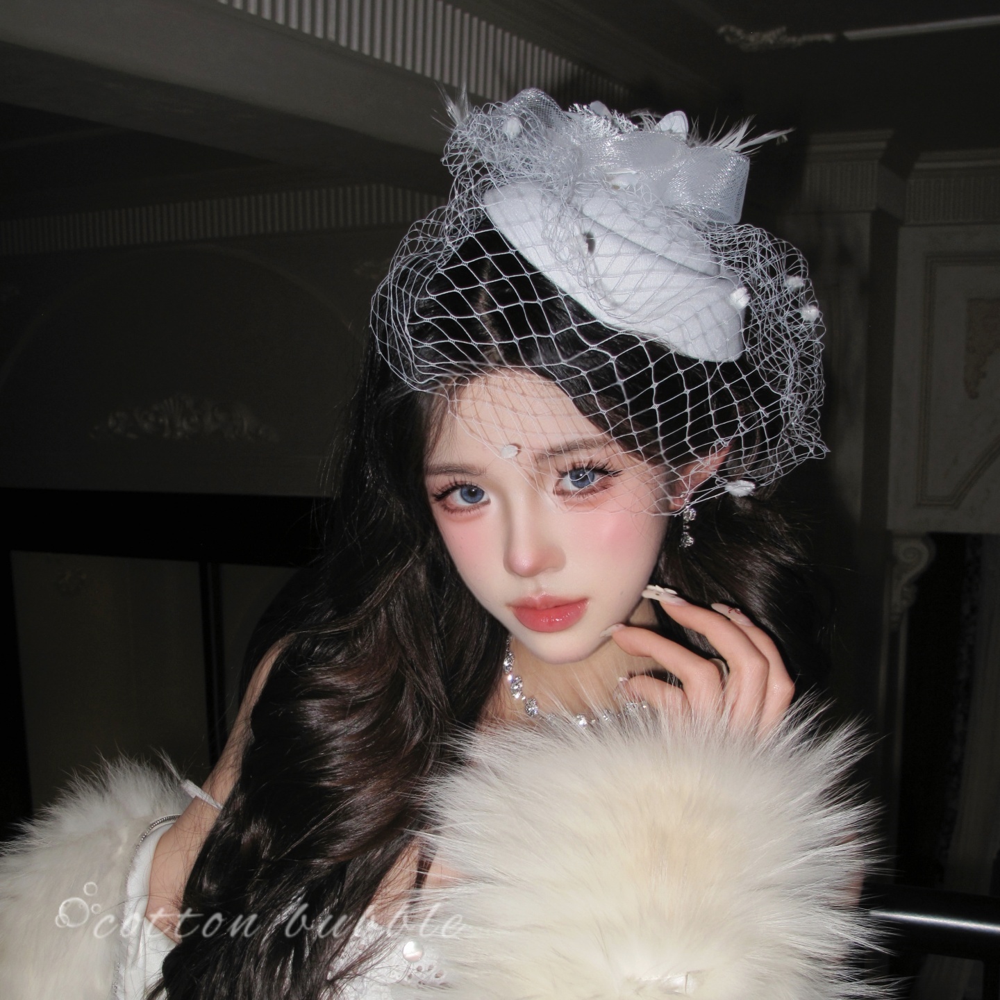 法式名媛千金白色网纱礼帽晚礼服