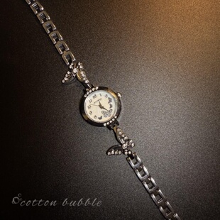 vintage银色蝴蝶镶钻手表中古女士手链复古精致小众手饰轻奢腕表