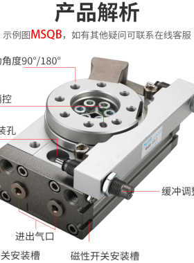 SMC型外置缓冲器摆台旋转气缸MSQB-10/20/30/50/L2/L3 180 度90&d