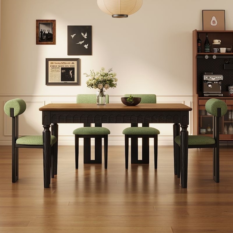 古风实木餐桌法式复古长方形白蜡木桌子家用小型美式饭桌餐椅组合