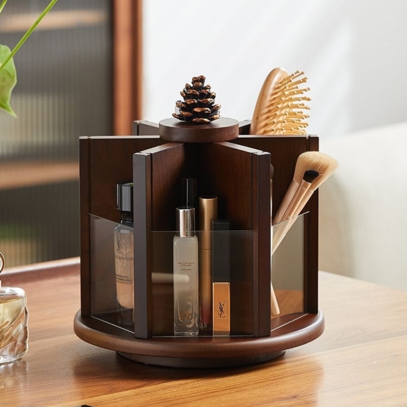 木质旋转首饰盒大容量桌面化妆品收纳盒高档耳环耳钉项链饰品盒
