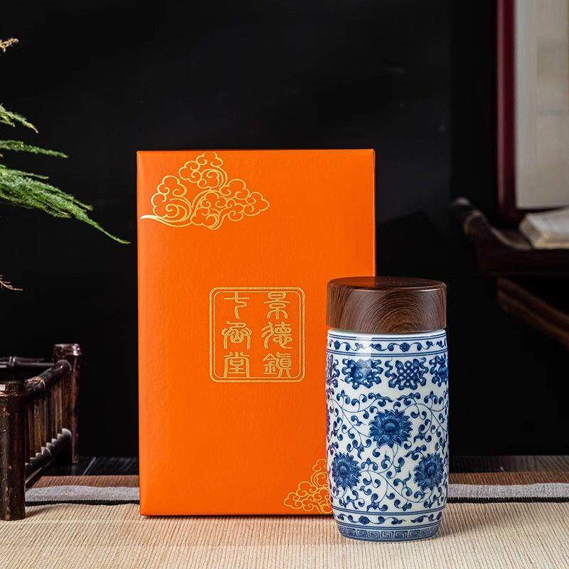 景德镇陶瓷茶杯八宝大容量保温杯随手杯能量杯带盖白瓷便携外出杯
