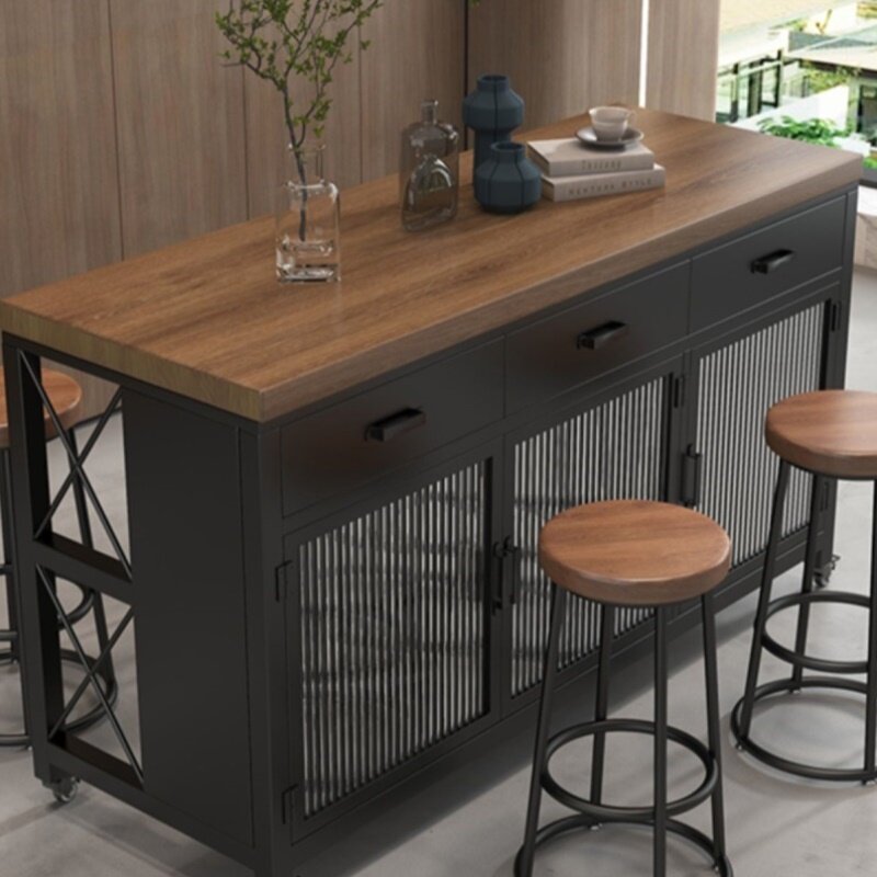 可移动中岛台柜单独料理餐边桌小户型家用定制开放式厨房吧台隔断