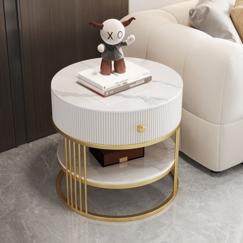 奶油风圆形卧室床头柜客厅家用带抽屉小茶几简约现代创意岩板边几