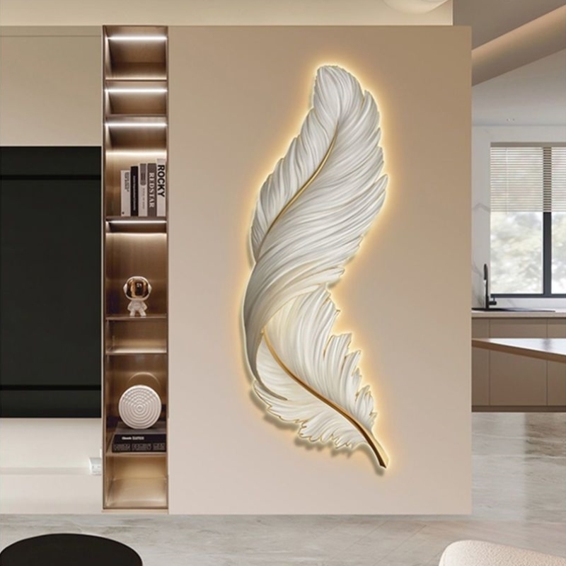led带灯发光羽毛现代简约轻奢高档大气客厅装饰画沙发背景墙挂画