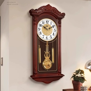 中式复古老式挂钟客厅家用仿实木石英钟欧式创意静音挂墙壁时钟表