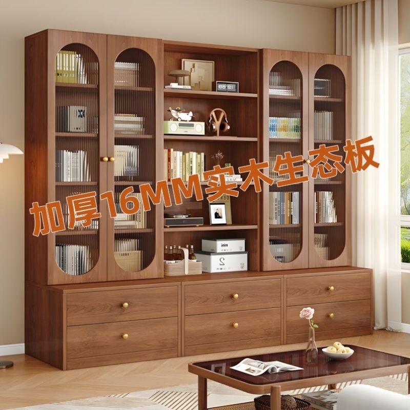 实木卡座书柜书架一体满墙展示柜家用客厅落地靠墙柜子收纳储物柜