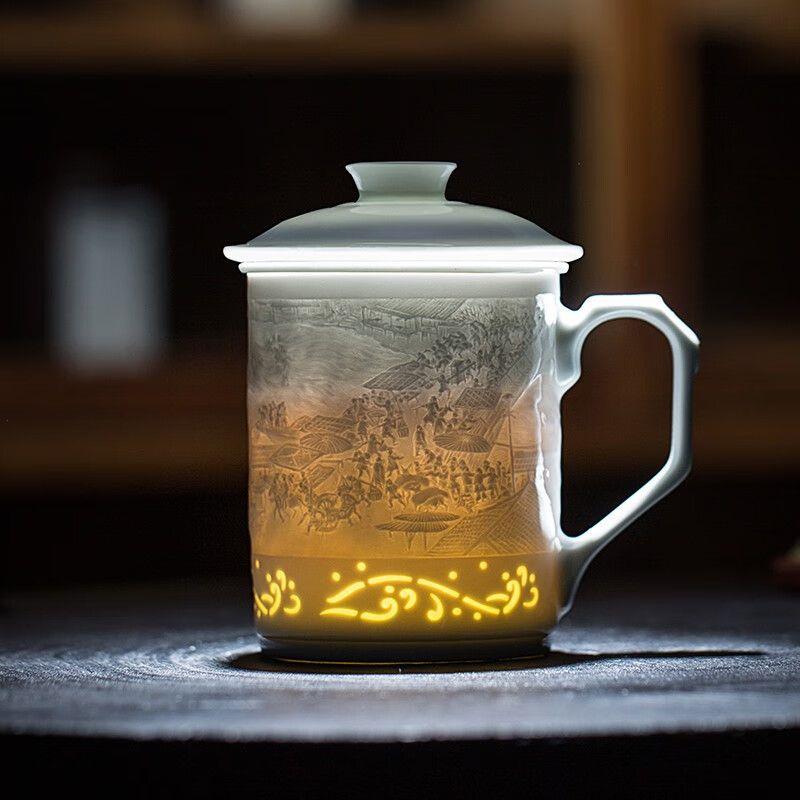 景德镇青瓷带盖茶杯陶瓷