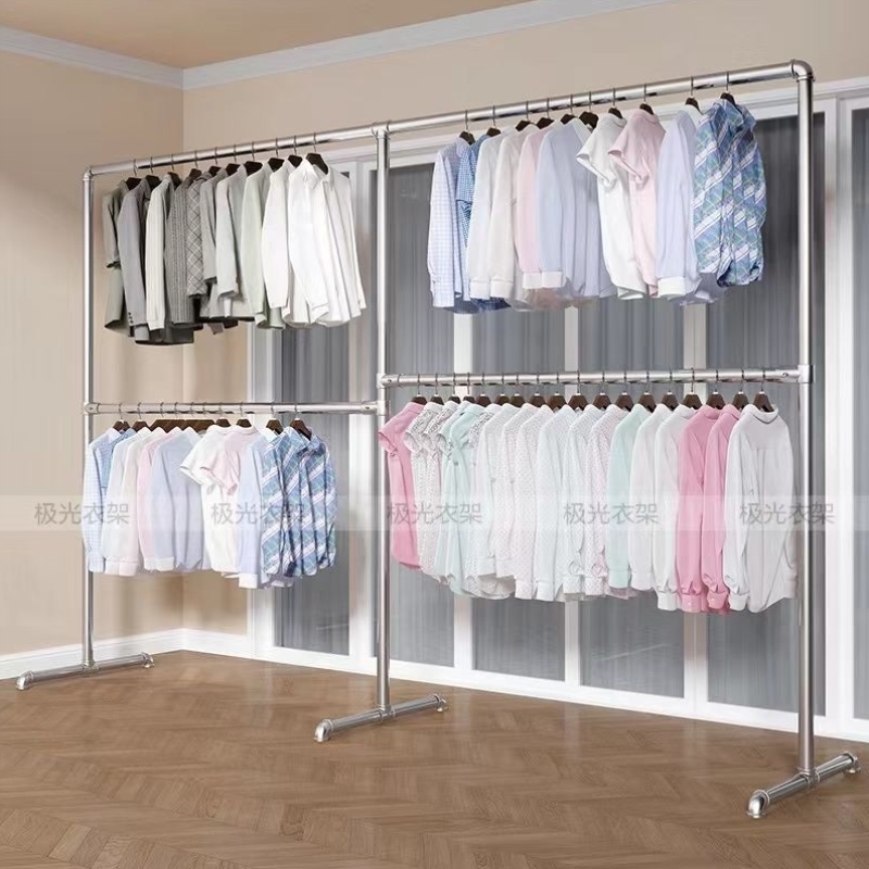 加粗镀锌防锈钢管双层晒被卧室阳台服装展示摆摊带轮衣架落地立式