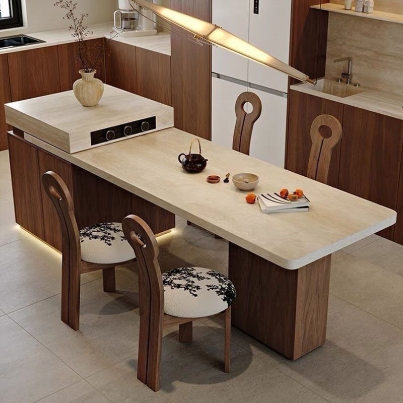 多功能实木可伸缩一体岛台餐桌椅子组合中古风胡桃色进口洞石岩板