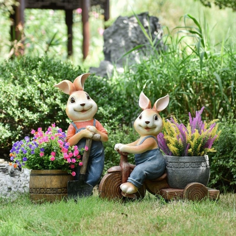 庭院装饰布置兔子花盆背篓树脂花园摆件户外阳台草坪幼儿园装饰品