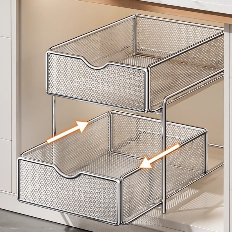 304不锈钢厨房抽拉式置物架橱柜内分层架下水槽抽屉拉篮收纳神器