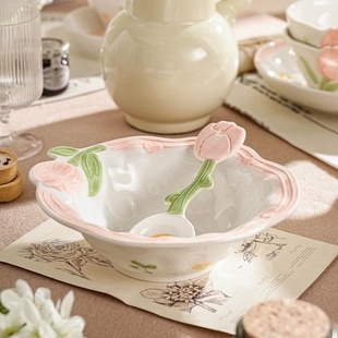 郁见花开小清新餐具套装 家用陶瓷浮雕碗碟盘子乔迁送礼釉下彩碗具