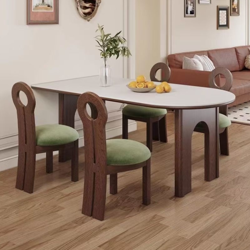 中古风实木岩板餐桌椅组合法式复古家用吃饭桌小户型台桌子