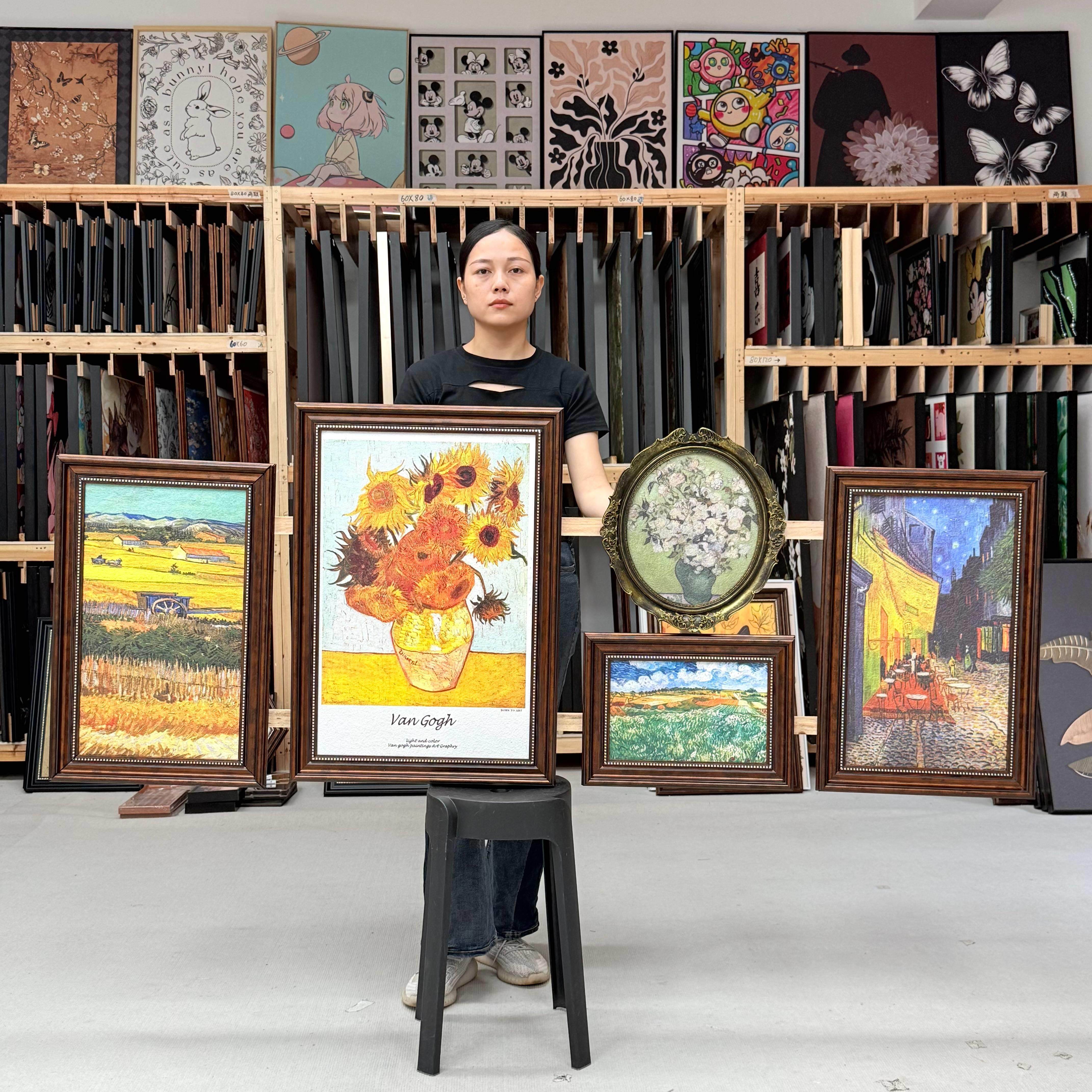 美式梵高星空花卉沙发背景墙装饰画R033法式客厅挂画轻奢组合五联