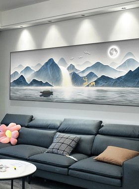 流水生财山水风景画客厅装饰画蓝色横版新中式横幅沙发背景墙挂画