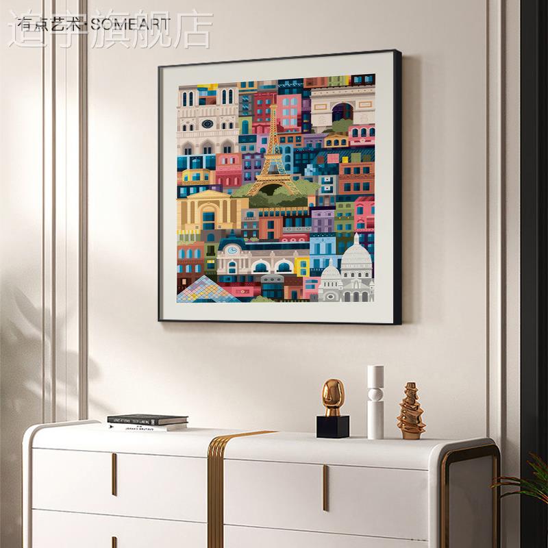 现代轻奢客厅装饰画抽象建筑酒店餐厅卧室壁画正方形玄关走廊挂画图片