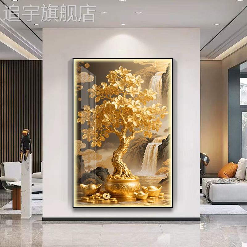 发财树玄关装饰画 划轻奢高档走廊镶钻LED灯光入户挂画 划落地客