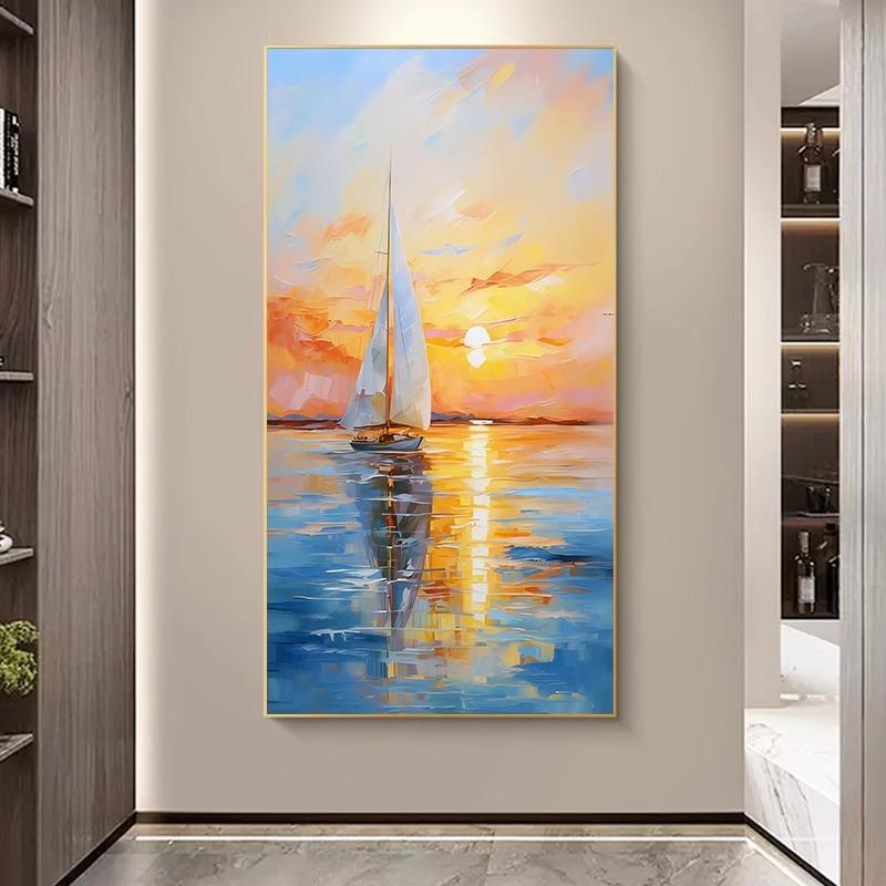 一帆风顺玄关装饰画大气入户走廊过道壁画肌理油画现代轻奢奶油风图片