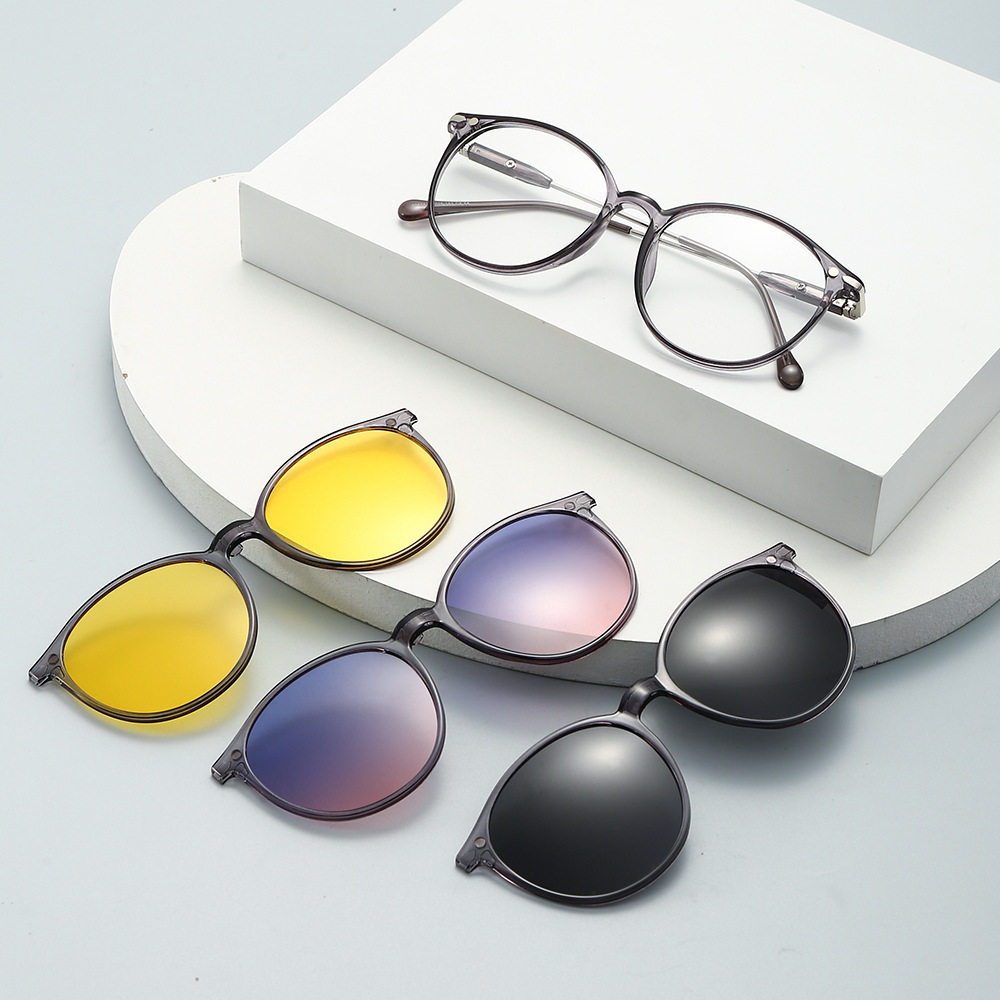 透明椭圆框架可配近视偏光夹片4合1眼镜骑行两用炫彩墨镜男女