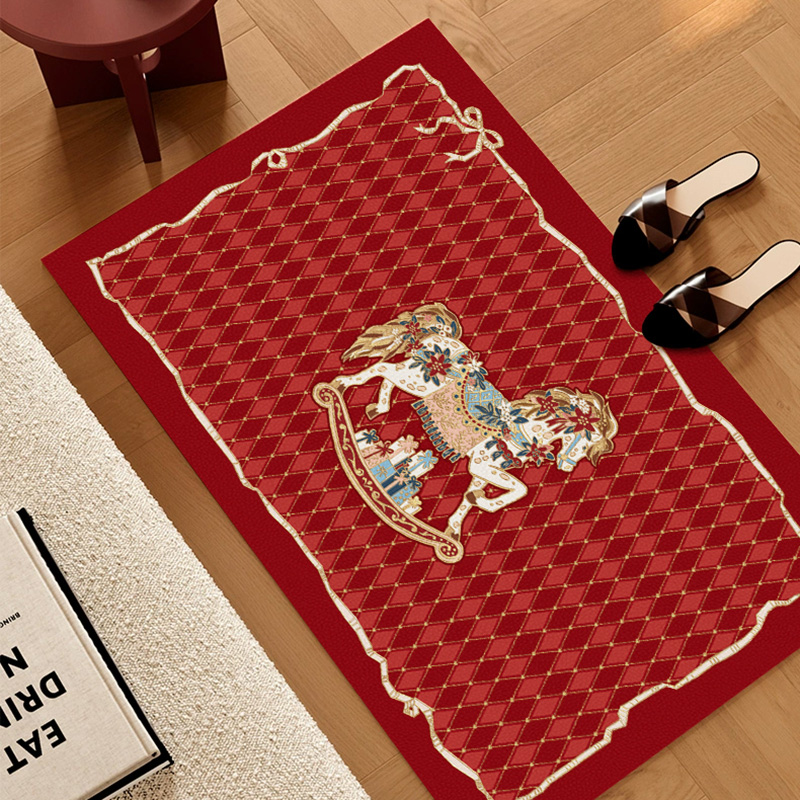 法式复古塞拉斯蒂娅耶诞新年木马皮革地垫可擦免洗脚垫入户进门垫