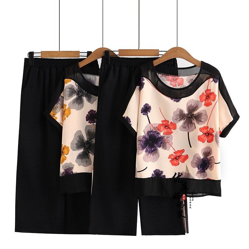 中老年妈妈款雪纺短袖T恤衫套装夏季洋气九分裤老人女士婆婆上衣