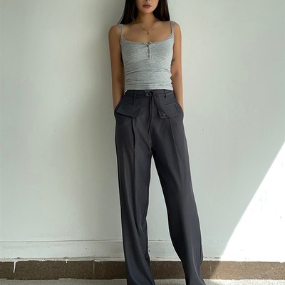 灰色西装裤女春秋绑带高腰垂感窄版阔腿裤小个子直筒休闲拖地长裤
