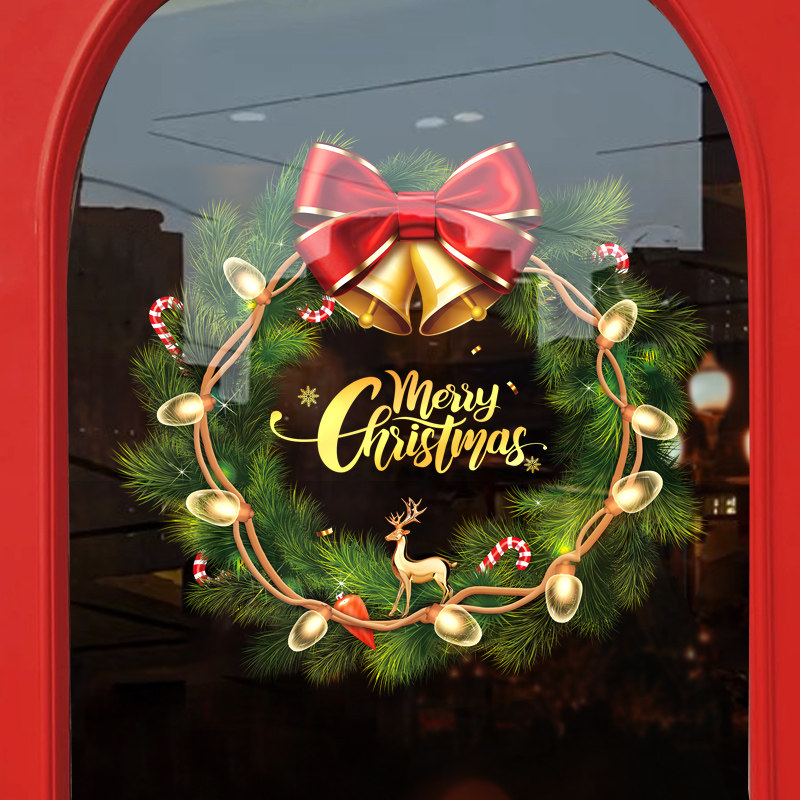 圣诞节装饰场景布置窗花金色花环装扮窗贴店铺橱窗静电玻璃门贴纸