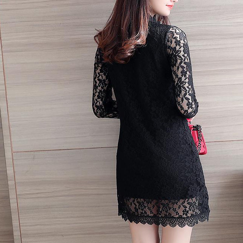2021春夏女装新款显瘦大码蕾丝打底衫长袖连衣裙T恤蕾丝衫中长款
