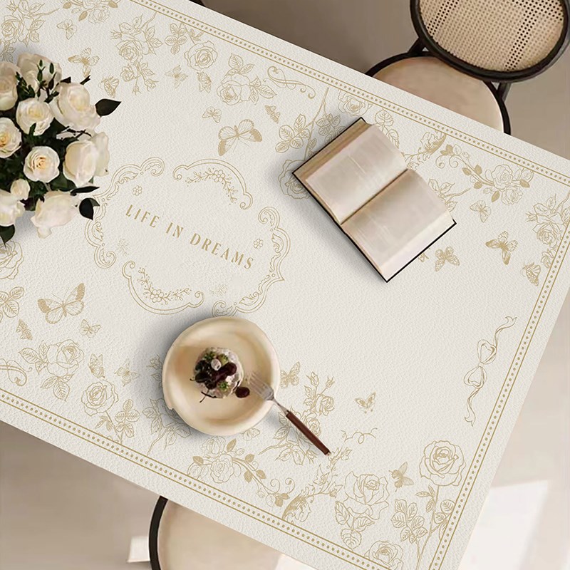 法式奶油风餐桌桌垫防水防油防烫免洗茶几垫皮革书桌垫蝴蝶桌布