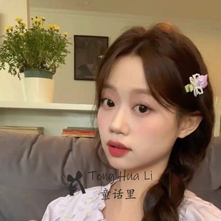 怪可爱 郁金香儿童珍珠蝴蝶结布艺鸭夹少女日韩侧边夹发饰 春季