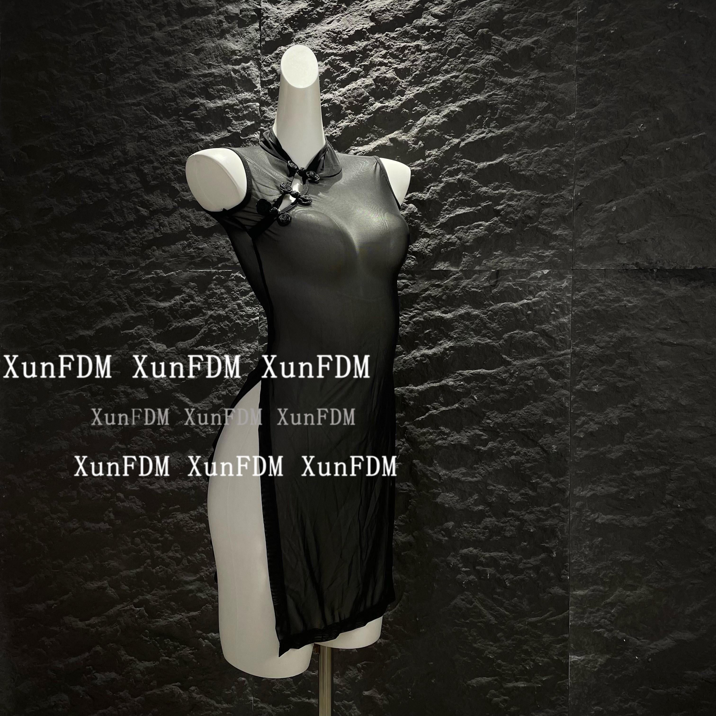 性感新中式透视复古高开叉旗袍