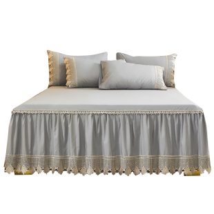 60支贡缎长绒棉蕾丝床裙罩单件裙式 床裙公主风全棉床罩三件套 欧式