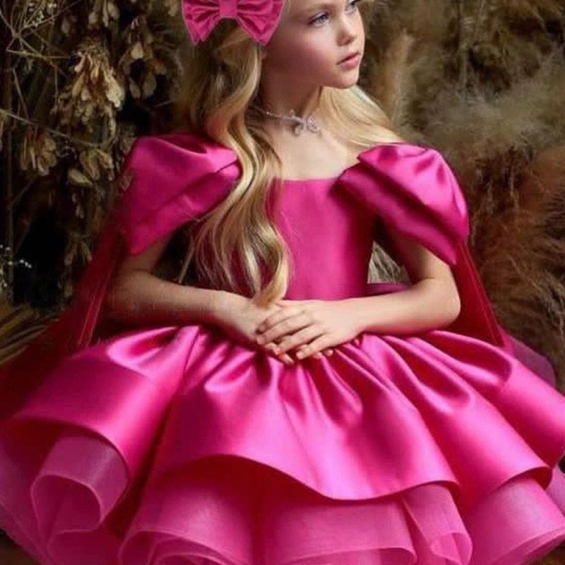 女童白色生日礼服裙花童公主裙肩膀蝴蝶结蓬蓬裙演出服钢琴主持仙