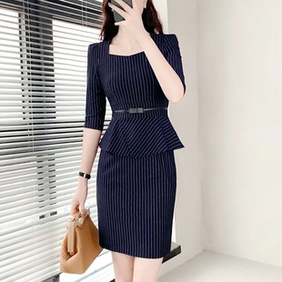 早春女装 拼接套裙公司制服端庄大气裙子 职业连衣裙高级感方领中袖