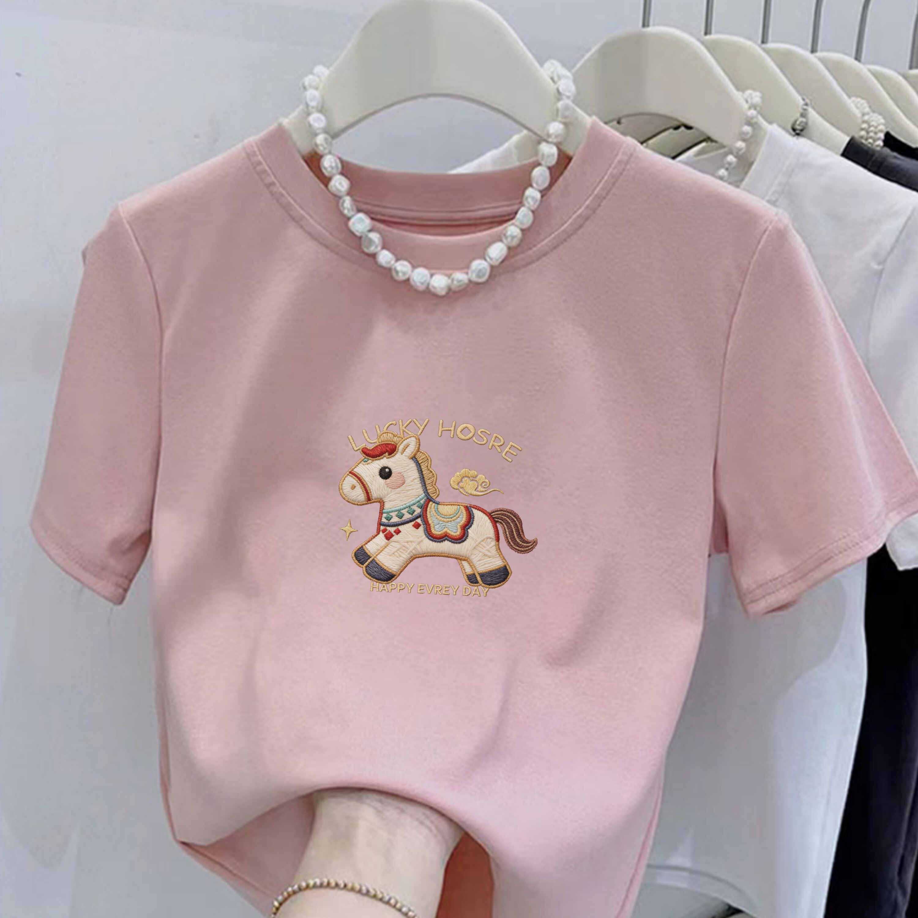 纯棉短袖t恤女新年小马印花正肩显瘦小个子正肩百搭潮流洋气上衣