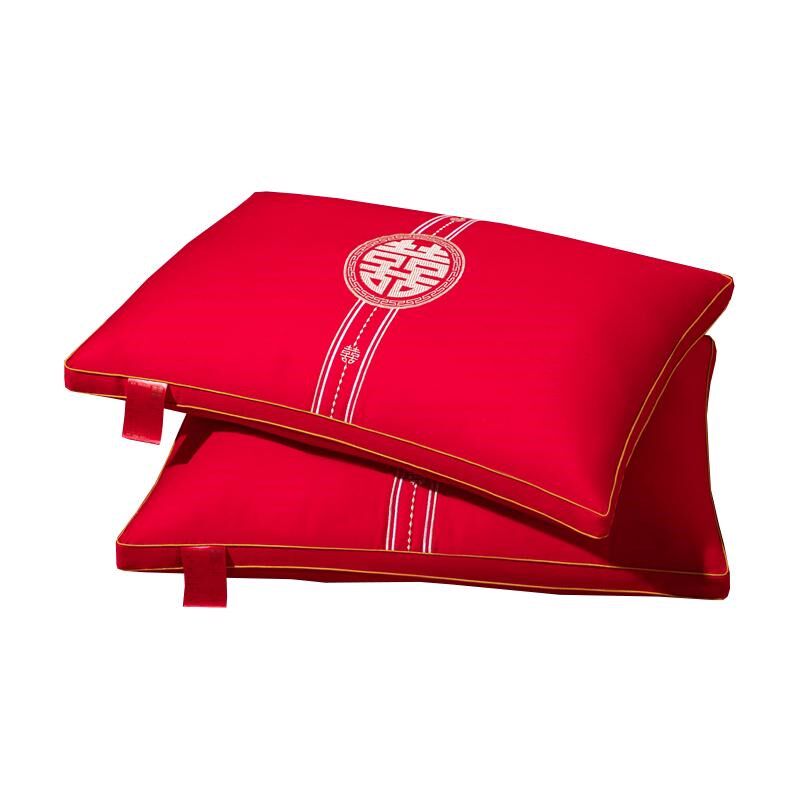 结婚全棉枕头女方陪n嫁一对枕芯大红色婚庆喜枕情侣护颈椎专用整