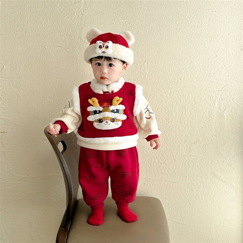 中国风喜庆婴儿衣服分体周岁礼服宝宝G冬装套装男童拜年服过年冬