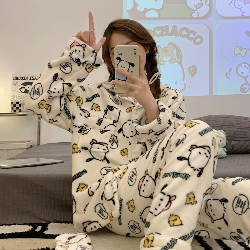 珊瑚绒睡衣秋冬j季女款加厚可爱帕恰狗保暖大学生法兰绒家居服套