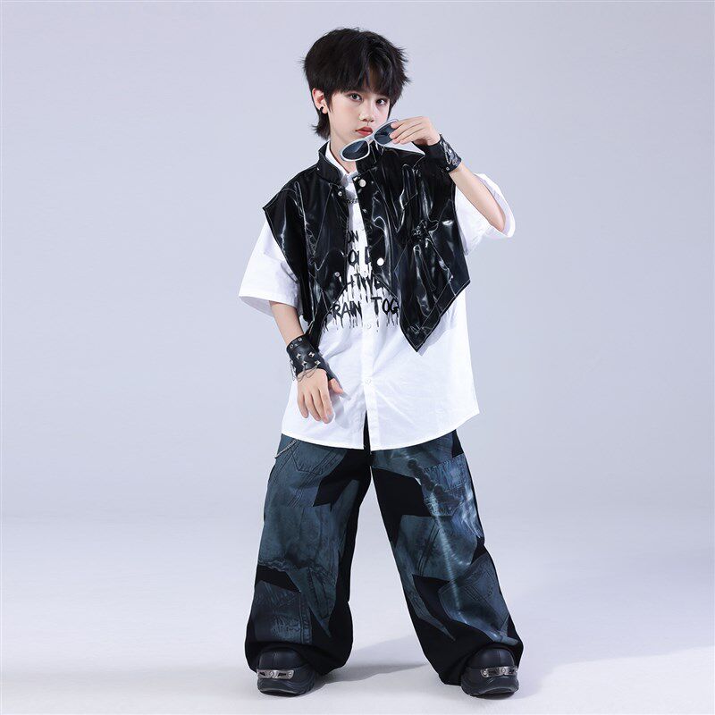 儿童hiphop街舞演出服男童嘻哈套装男J孩酷帅皮背心架子鼓表演服