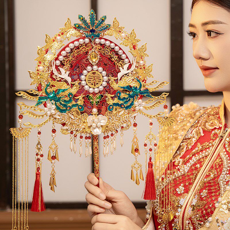 团扇新娘中式结婚出嫁秀q禾服diy材料包重工双面成品手工高级喜扇