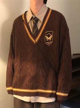 Nagaw冬季美式复古蝴蝶t提花宽松日系学院风刺绣V领毛衣男针织衫
