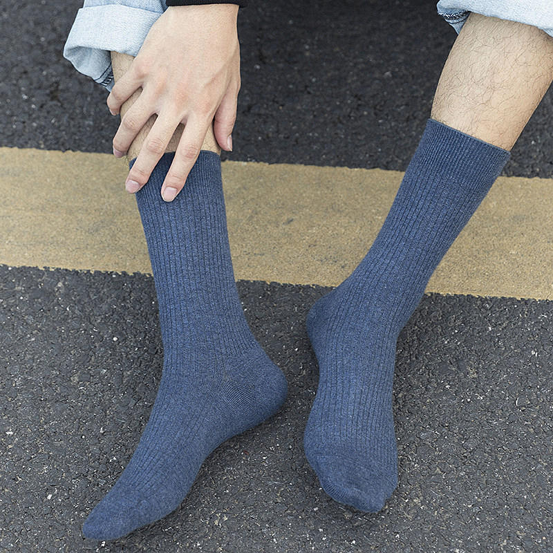 无骨缝头男袜子中筒秋q冬季纯棉双针吸汗透气保暖高筒长筒黑色棉