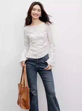 2024秋季新款简设计r感竹叶提花内搭船领T恤不对称收褶显瘦上衣女