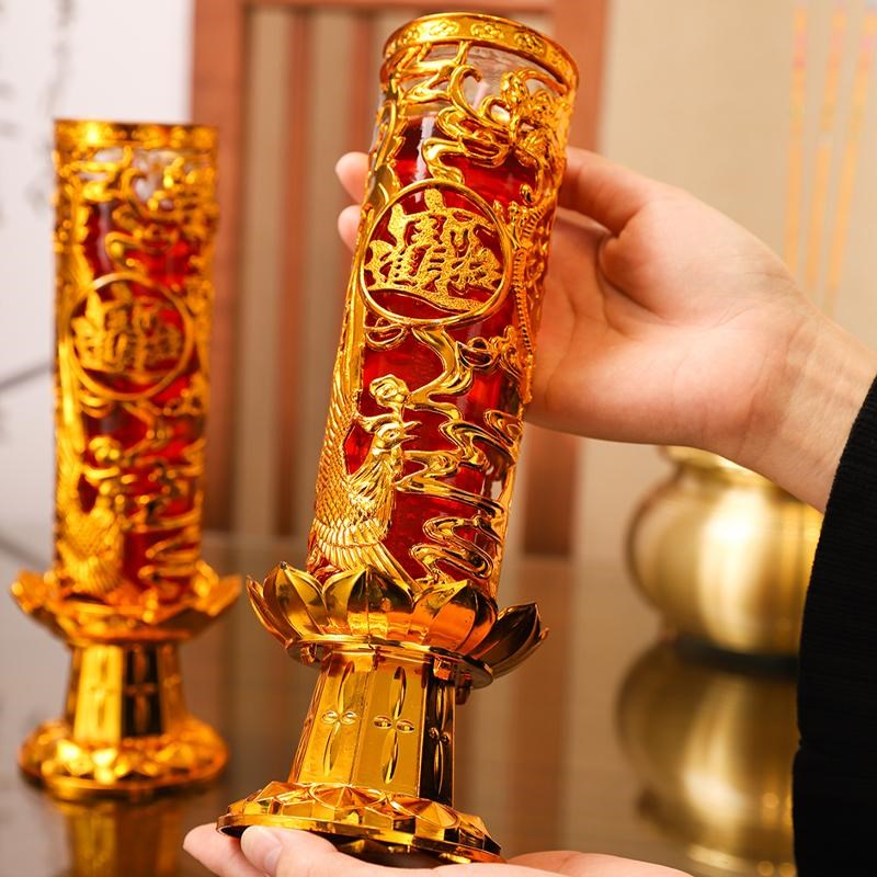 家用过年红蜡烛防风玻璃杯环保无烟无味龙凤招财U水晶果冻酥油灯
