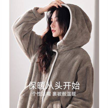 睡袍女冬季珊瑚绒加厚q加绒浴袍睡衣女款秋冬法兰绒可外穿长款浴